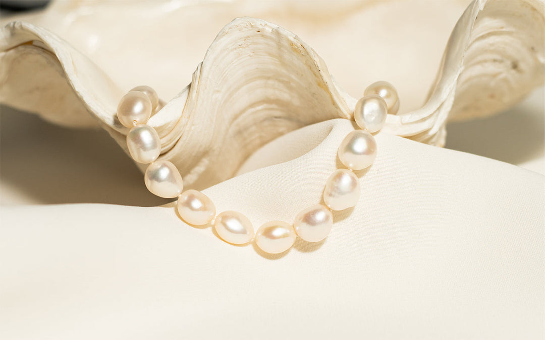 Süßwasserperlenkette als Schmuckstück, präsentiert auf einer Muschelschale, natürlicher Lüster und organische Form
